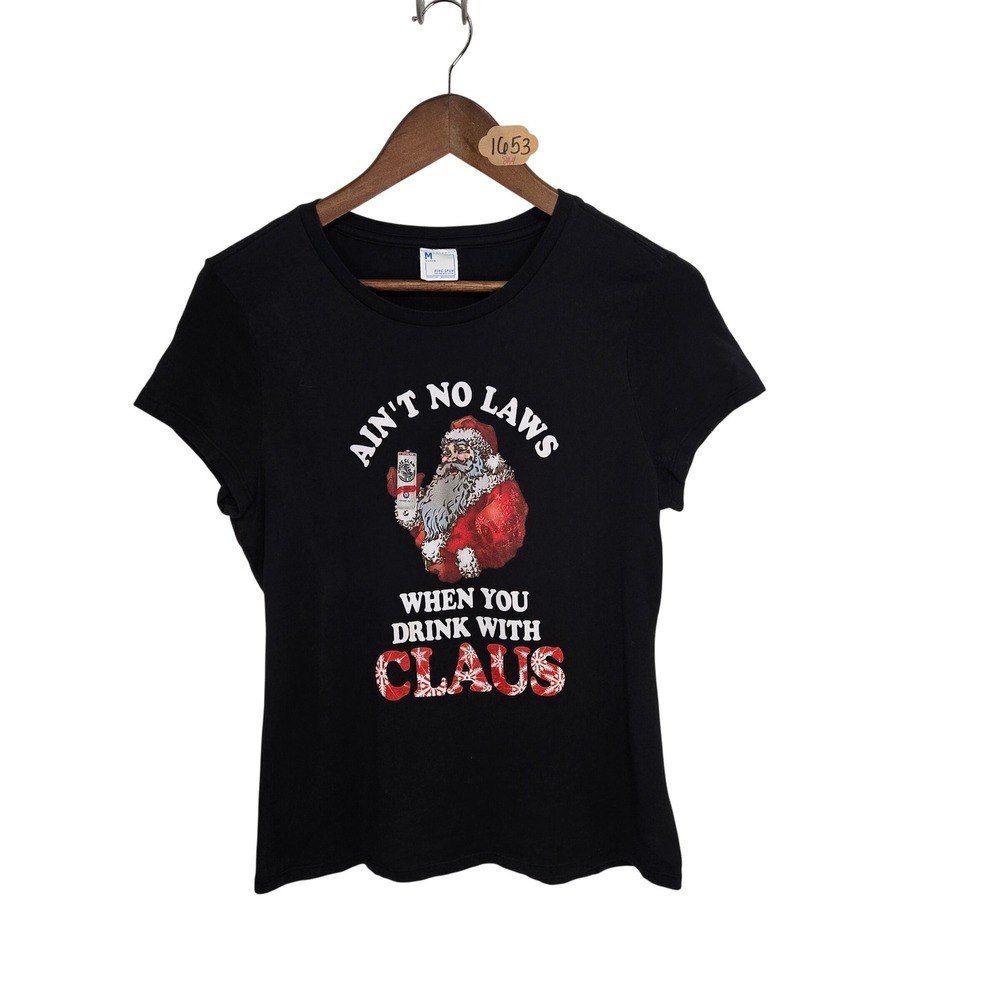 Womens Black Funny Santa Claus Christmas Graphic Tee Shirt Medium 100% Cotton